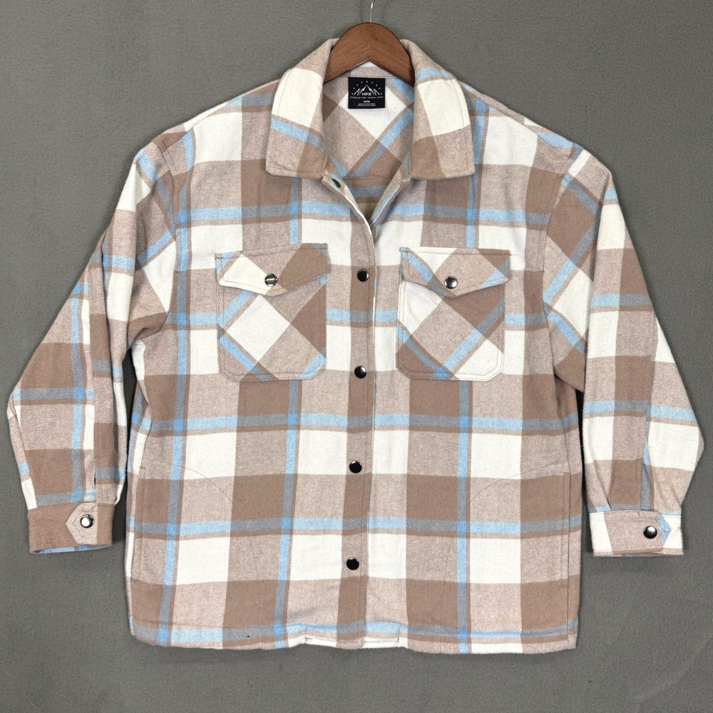 HFX Plaid Shacket Women M Tan Blue Pockets Flannel Shirt Jacket Oversized